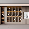 Elegant Modern Wooden Display Cabinet Featuring Lighting Open Shelves and Decorations