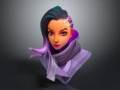 Cartoon Child 3D Rendering With Green Purple Gradient Hair Pink Hair Accessory And Purple Turtleneck 3d model