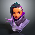 Cartoon Child 3D Rendering With Green Purple Gradient Hair Pink Hair Accessory And Purple Turtleneck