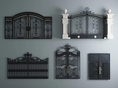 Various Styles Wrought Iron Entrance Gates With Intricate Designs And Decorative Tops 3d model