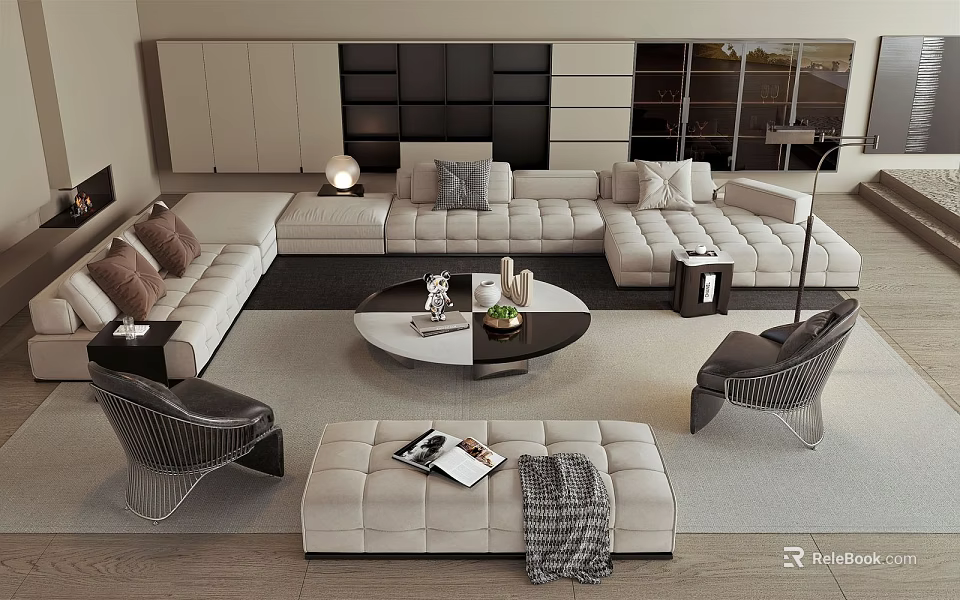 Modern Sofa And Coffee Table Set With Round Table Rugs Accent Chairs And Decorative Items 3d model 