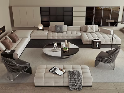 Modern Sofa And Coffee Table Set With Round Table Rugs Accent Chairs And Decorative Items 3d model
