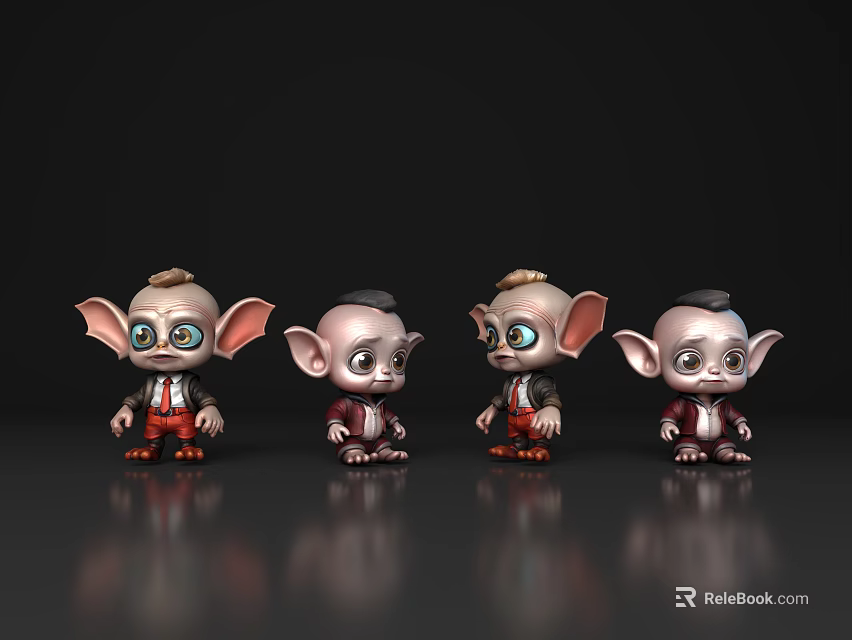 Cute Four 3D Elf Models With Big Ears Large Eyes And Red Suits On Black 3d model 