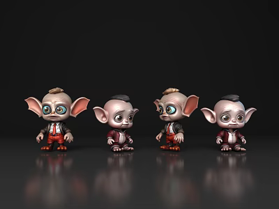 Cute Four 3D Elf Models With Big Ears Large Eyes And Red Suits On Black 3d model