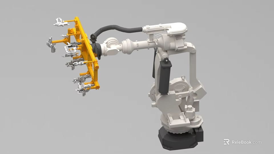 Industrial Robotic Arm with Yellow Gripper and White Mechanical Structure for Manufacturing Automation Equipment 3d model 
