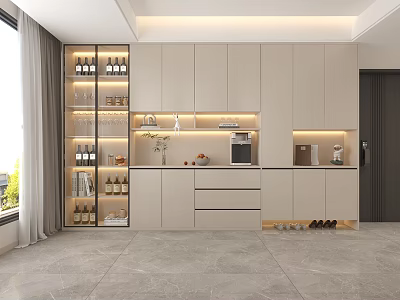 Modern Living Dining Room with White Cabinets Glass Wine Rack Built in Appliances Marble Countertop 3d model