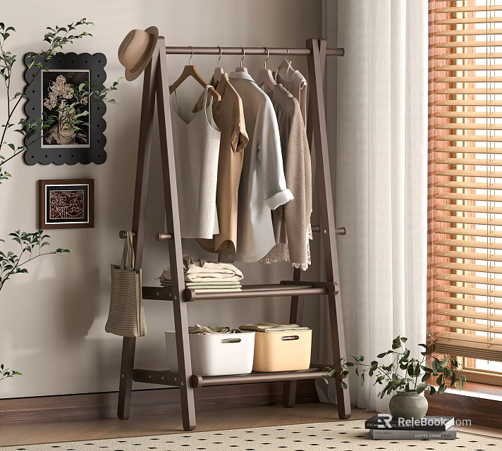 Ladder Shelf with Hanging Clothes and Storage Baskets in Home Interior 3d model 
