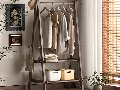 Ladder Shelf with Hanging Clothes and Storage Baskets in Home Interior 3d model