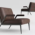 Single Sofa In Modern Design With Brown Leather Upholstery And Black Metal Frame
