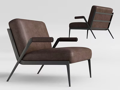 Single Sofa In Modern Design With Brown Leather Upholstery And Black Metal Frame 3d model