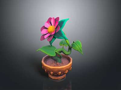 Pink Flowering Plant with Green Leaves and Pink Petals in Brown Decorative Pot 3d model