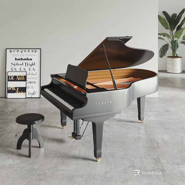 Grand Piano And Decorative Paintings In Modern Interior With Stool And Plant 3d model 