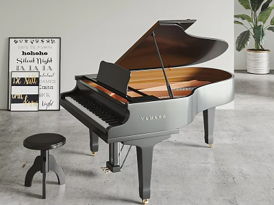 Grand Piano And Decorative Paintings In Modern Interior With Stool And Plant 3d model