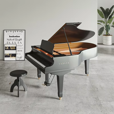 Grand Piano And Decorative Paintings In Modern Interior With Stool And Plant 3d model