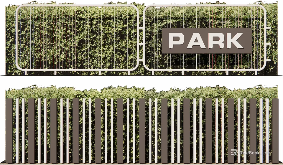 Lush Green Foliage Garden Wall With Vertical Railings And PARK Sign 3d model 