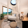 Hotel Room Interior With Bathtub Mountain View Windows And Wooden Decor Plants