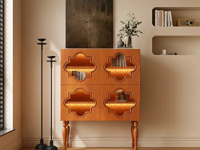 Modern Wooden Entryway Console And Side Cabinet With Carved Doors And LED Lights 3d model