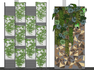 Vertical Green Plant Wall With Diverse Foliage And Geometric Background Design 3d model