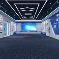 Modern Contemporary Indoor Space Interior With Curved Large Screen Central Column And Blue Carpet
