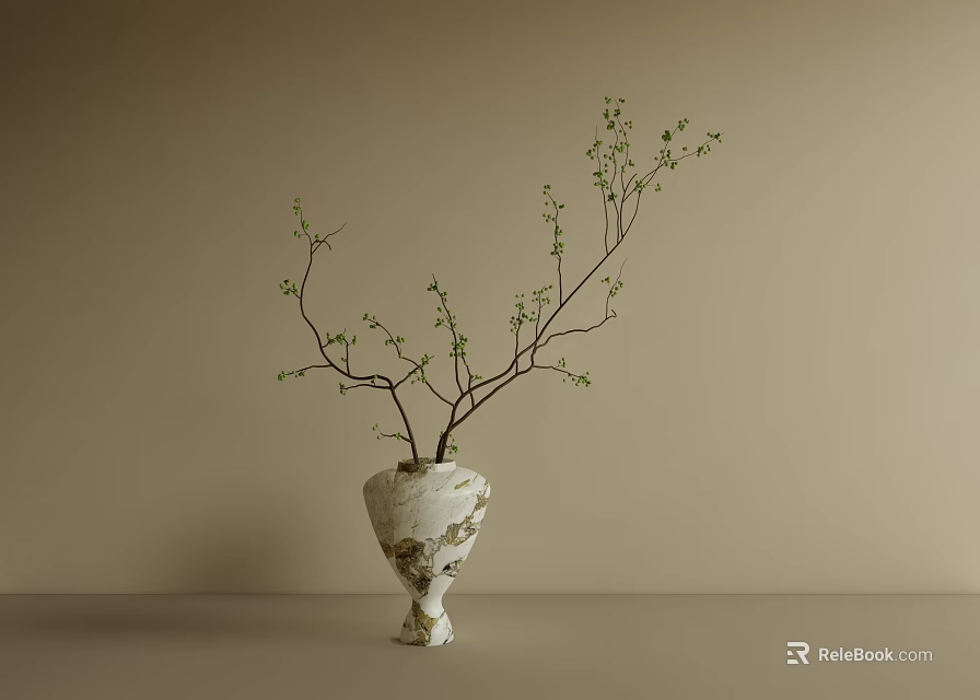 White Irregular Textured Vase with Green Leaf Branches on Minimalist Beige Background 3d model 