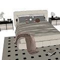 Double Bed With Beige Headboard Flower Shaped Pillows Brown Blanket Nightstands And Checkered Rug