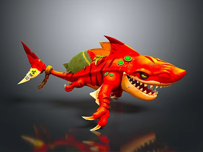 Red Shark Like Game Movie Character With Sharp Teeth Green Ornaments And Claws 3d model