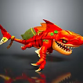 Red Shark Like Game Movie Character With Sharp Teeth Green Ornaments And Claws