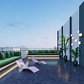 Rooftop Bar Modern Design With Green Sofas Pink Lounge Chairs Plants And Round Lights