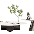 Modern Coffee Tables With White Top Black Base And Green Plant Decorative Items