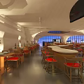 Modern Restaurant Interior With Unique Wave-like Ceiling Red Chairs Bar Counter And Windows