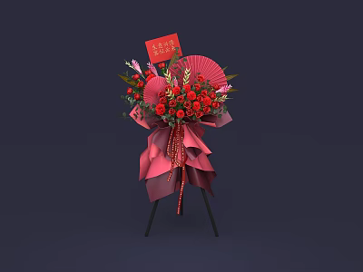 Red Flower Bouquet with Red Fan Lucky Message Card Pink Wrapping and Black Stand 3d model