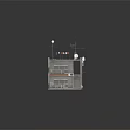 Gray Concrete Industrial Factory Building Exterior With Roof Equipment Blue Orange Awnings And Entrance Stairs