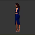 Woman Posing in Blue Fitted Dress with Hand on Hip and High Heels Gray Background