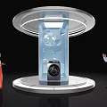 Modern Washing Machine Display with Transparent Column Bubble Decorations and People Observing on Circular Stand 3d model