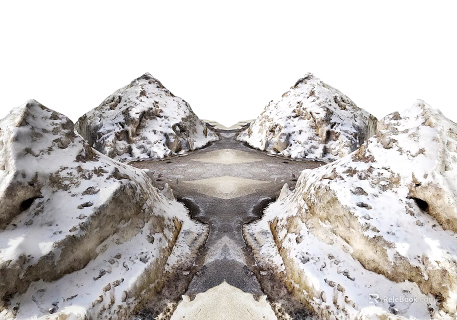 Scenic Garden Landscape with Snow Covered Rock Formations and Central Water Channel 3d model 