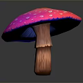 Vibrant Pink Mushroom with White Spots and Wooden Stem on Dark Shiny Background