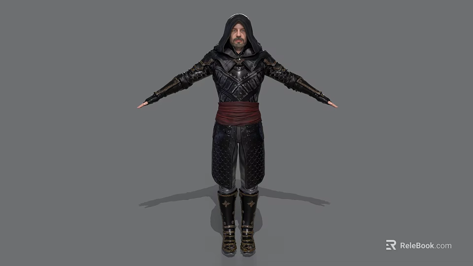 Medieval Hooded Man In Black Armored Outfit With Red Belt And Outstretched Arms 3d model 