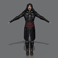Medieval Hooded Man In Black Armored Outfit With Red Belt And Outstretched Arms