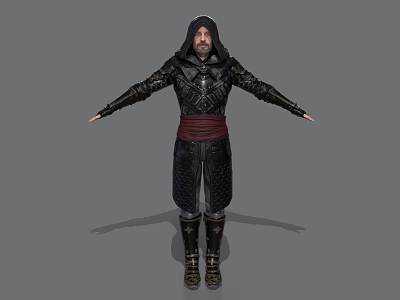 Medieval Hooded Man In Black Armored Outfit With Red Belt And Outstretched Arms 3d model
