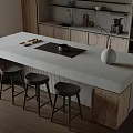 Modern Kitchen Bar Counter With Concrete Countertop Three Black Stools And Wooden Cabinets