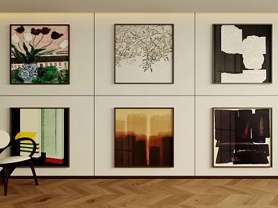Abstract Paintings Display On Interior Wall With Diverse Styles And Herringbone Wooden Floor Accent Chair 3d model