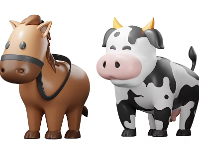 Cute Cartoon Brown Horse And Black White Cow Stuffed Animal Toys 3d model Cute Cartoon Brown Horse And Black White Cow Stuffed Animal Toys 3d model