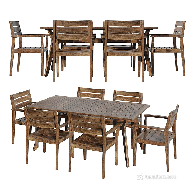 Solid Wood Rustic Dining Table Set With Six Chairs And Wooden Tabletop 3d model