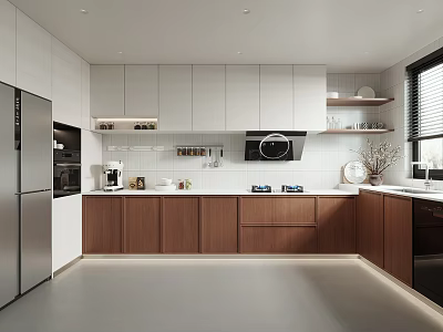 Modern Kitchen Interior With White And Wooden Cabinets Sleek Design Appliances And Window Blinds 3d model