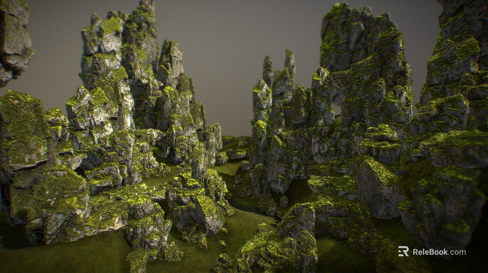 Rockery Stones With Green Moss Covered Irregular Structures For Garden Landscape 3d model 