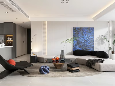 Modern Living And Dining Room Interior With Sofa Coffee Table Abstract Artwork And Lighting 3d model