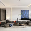Modern Living And Dining Room Interior With Sofa Coffee Table Abstract Artwork And Lighting