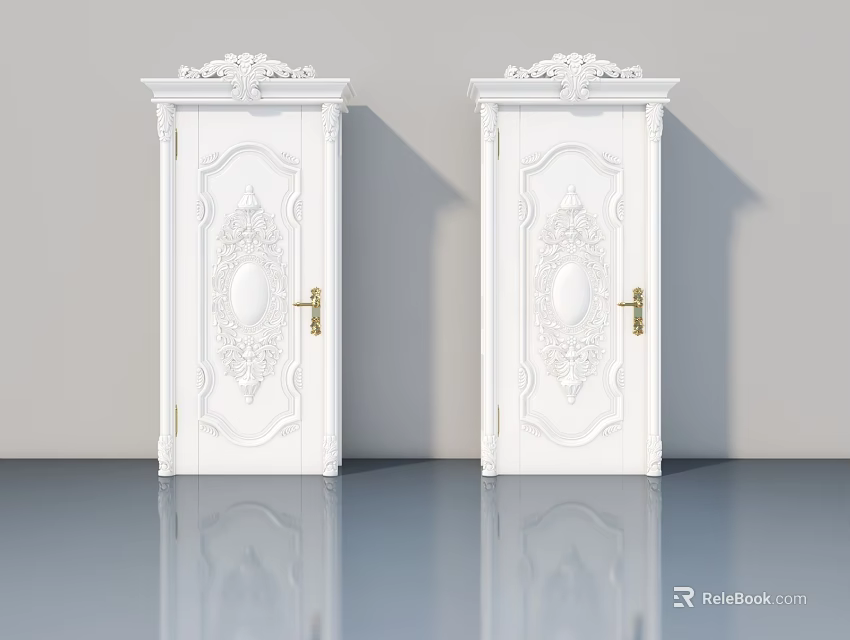 Elegant Classic White Hinged Doors With Intricate Carved Patterns And Gold Handles 3d model 