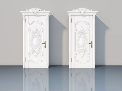 Elegant Classic White Hinged Doors With Intricate Carved Patterns And Gold Handles 3d model