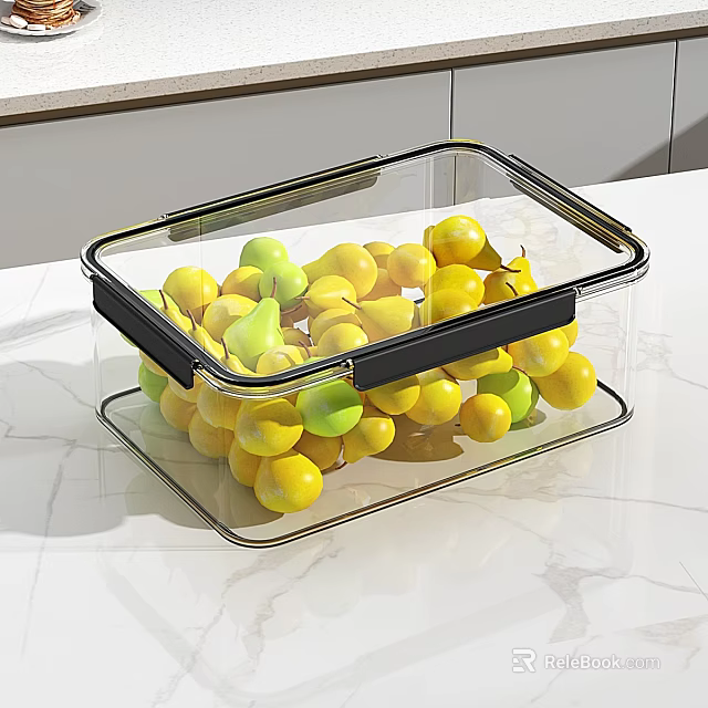 Fresh Yellow And Green Fruits Stored In Transparent Container On Marble Countertop 3d model 